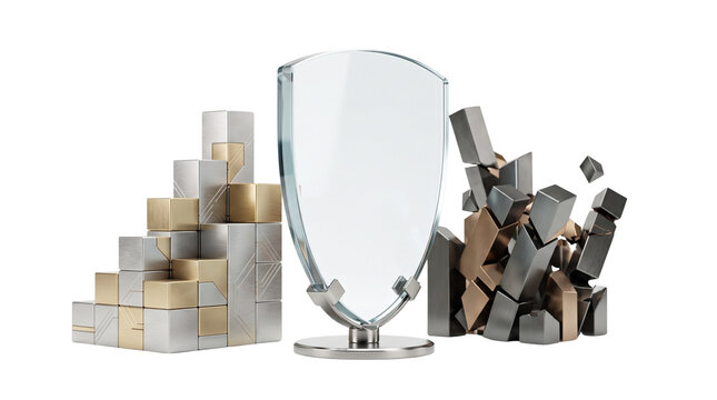 Modern glass trophy and metallic geometric awards, elegant corporate recognition prizes, silver and gold cube trophies on white background