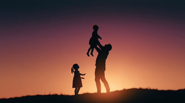 Joyful Silhouette of Father and Children at Sunrise