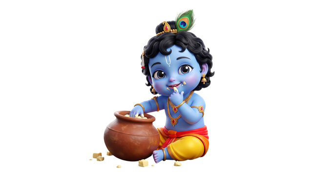 Cute baby krishna eating butter from a clay pot isolated on transparent background