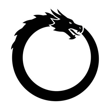 Minimalist black silhouette of an ouroboros dragon forming a perfect circle isolated on a white background, ancient mythology and eternal cycle concept