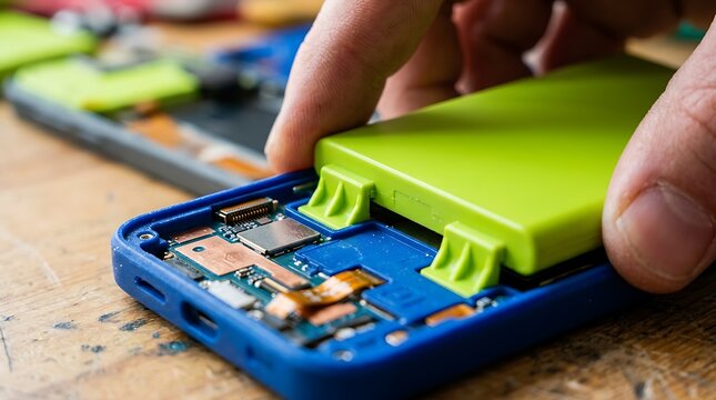 Technician installing rechargeable battery component into disassembled mobile device frame