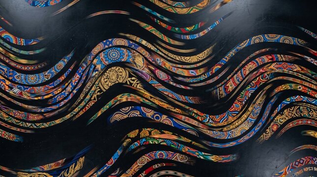 Dynamic Hispanic heritage abstract background with wavy ethnic Mexican patterns flowing across dark surface, Latin American culture graphic celebration.