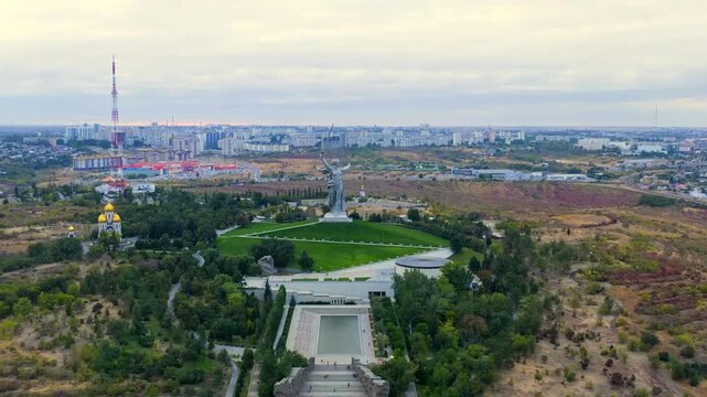 Volgograd, Russia. Evening view of the sculpture Motherland Calls! on the Mamaev Kurgan in Volgograd. Cloudy weather. Drone footage