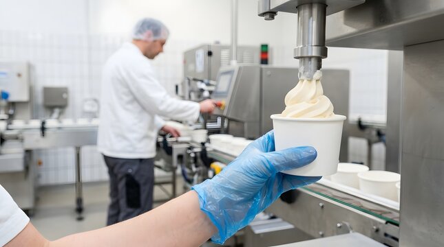 Worker Filling Soft Serve Ice Cream into Cup at Food Production Factory