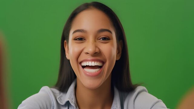 A triptych showcases a young woman with dark hair, captured in three distinct joyful expressions against a vibrant green background.