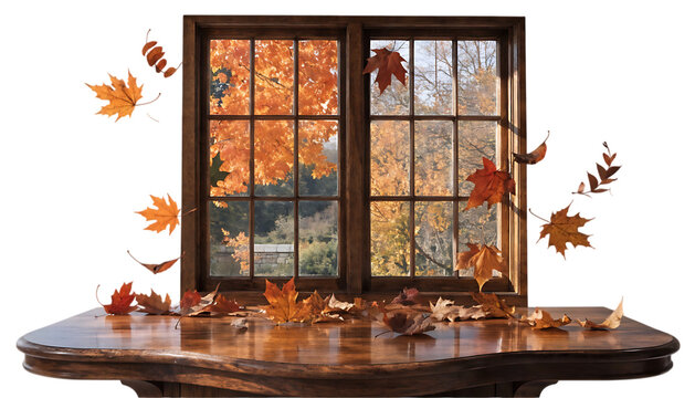 autumn window scene and empty table for decor cut out isolated on transparent white background PNG. AI GENERATED.
