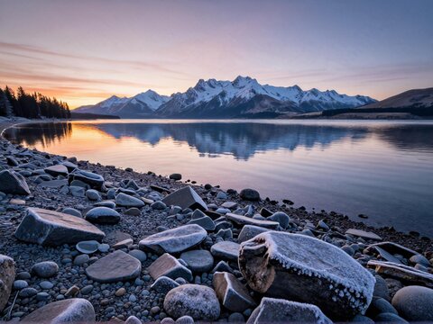 Light Morning Frost On Lakeshore Boulders Lake Tekapo Sunrise NZ