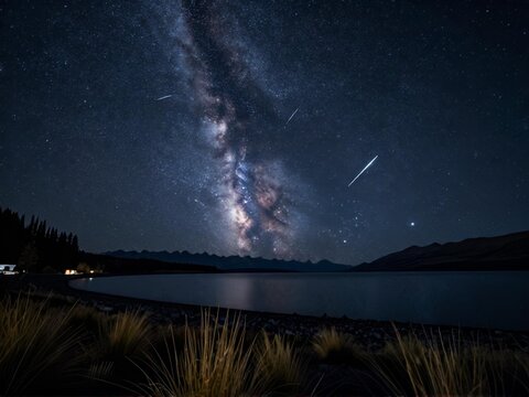 Meteor Streaks Across Milky Way Lake Tekapo Dark Sky Night