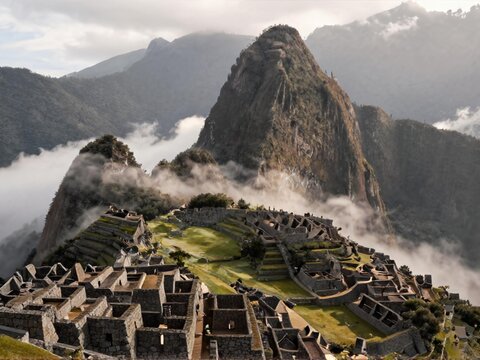 Misty Sea Of Clouds Partially Covering Machu Picchu Dawn Peru