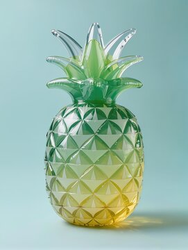 A stylized pineapple recreated as a transparent inflatable plastic sculpture, elongated oval fruit with geometric diamond pattern and a crown of translucent leaves, realistic wrinkles and glossy