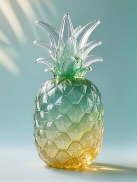 A stylized pineapple recreated as a transparent inflatable plastic sculpture, elongated oval fruit with geometric diamond pattern and a crown of translucent leaves, realistic wrinkles and glossy