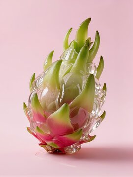 A beautiful dragon fruit sculpture made from translucent inflated plastic, oval organic body with layered green leaf-like scales, soft wrinkles and glossy reflections