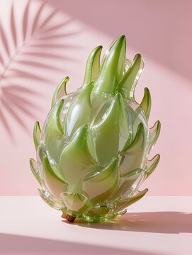 A beautiful dragon fruit sculpture made from translucent inflated plastic, oval organic body with layered green leaf-like scales, soft wrinkles and glossy reflections