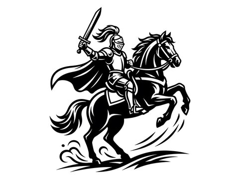 A black and white illustration of a medieval knight in armor riding a rearing horse while holding a sword high in the air