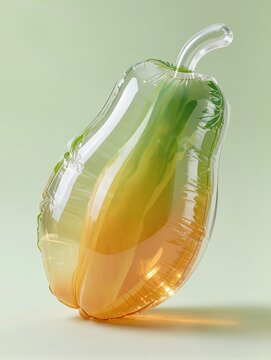 A large ripe papaya sculpture made from transparent inflatable plastic, elongated curved fruit with smooth inflated volume, delicate stem and leaf, subtle wrinkles and translucent glossy reflections