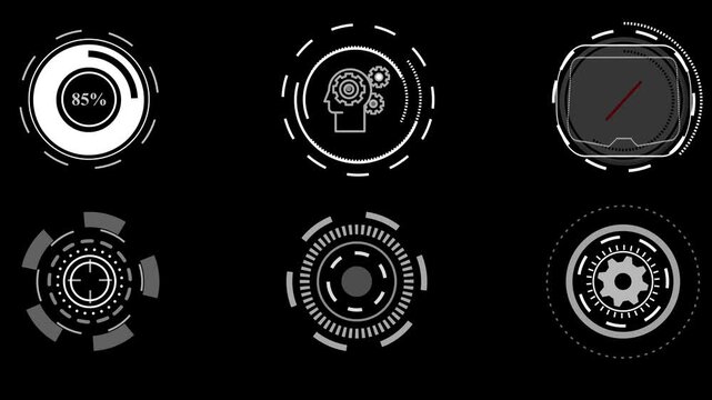 Complex HUD Circles pack. Futuristic user interface elements for overlay design. Digital circles isolated on the black background ant 4 video