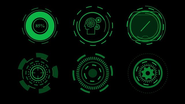 Complex HUD Circles pack. Futuristic user interface elements for overlay design. Digital circles isolated on the black background ant 4 video