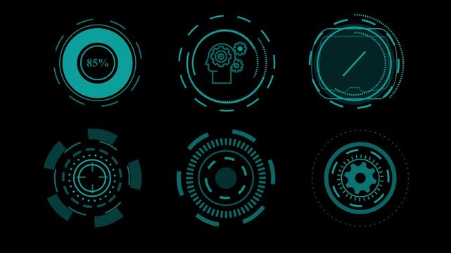 Complex HUD Circles pack. Futuristic user interface elements for overlay design. Digital circles isolated on the black background ant 4 video