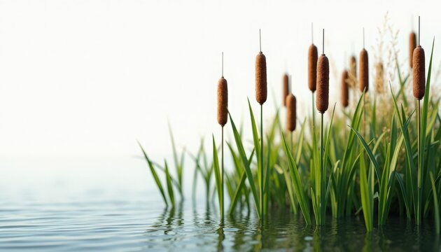 Cattail reeds along serene lakeshore with tall brown seed spikes and green blade grasses rising from shallow water, soft ripples and misty horizon,