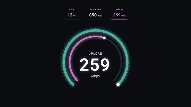 Digital gauge illustrating high speed internet upload data, displaying fast download and low ping results.