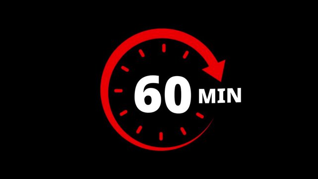 Red circular timer icon indicating 60 minutes countdown with arrow animation. 60 minutes clock timer. Timer 60 minutes countdown clock with circular arrow. 60 Min arrow clock icon animation.