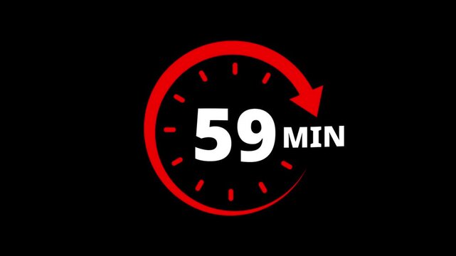 Red circular timer icon indicating 59 minutes countdown with arrow animation. 59 minutes clock timer. Timer 59 minutes countdown clock with circular arrow. 59 Min arrow clock icon animation.