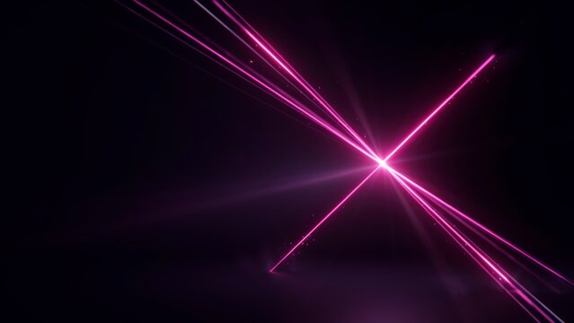 Pink laser light beams crossing on a dark background
