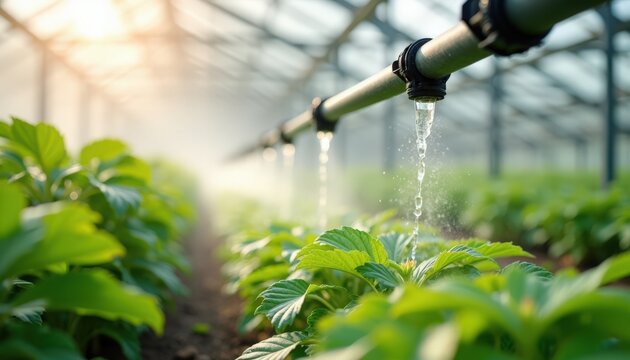 Greenhouse irrigation with overhead drip lines watering rows of young vegetable plants, mist and sunlight filtering through glass, automated moisture control and crop care in greenhouse irrigation,