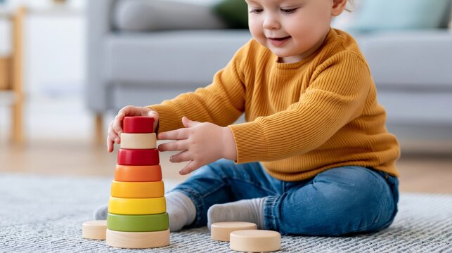 Toddler playing with colorful wooden stacking pyramid toy