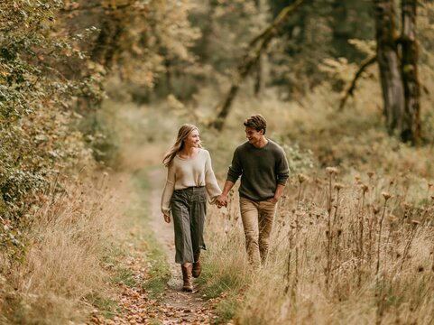 Couple Walking in Nature Under the Sunlight in Harmony