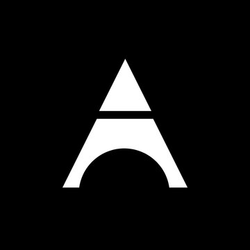 A modern minimalist logo design featuring a capital "A" pure white on a solid black background. The bottom of the letter features a unique curve that a bridge or g 