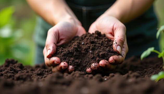Garden soil in hands, close up of palms holding rich dark compost and fertile earth, garden soil texture visible with organic matter and seedlings nearby,
