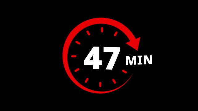 Red circular timer icon indicating 47 minutes countdown with arrow animation. 47 minutes clock timer. Timer 47 minutes countdown clock with circular arrow. 47 Min arrow clock icon animation.