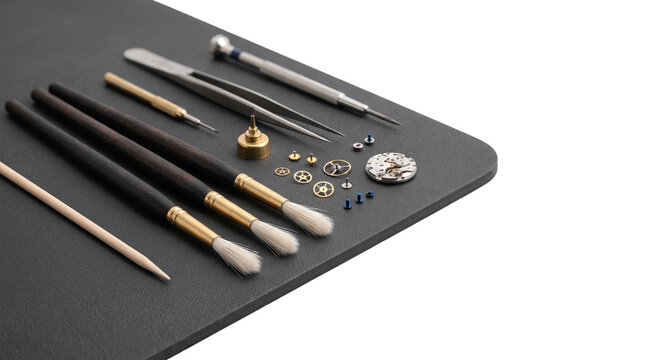 Professional watchmaker tools and mechanical watch parts. Precision horology equipment for watch repair. Craftsmanship and micro engineering. isolated PNG with Transparent Background