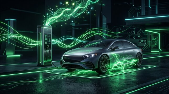 Electric Vehicle Charging Station with Car in a Futuristic Setting