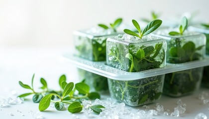 Obraz premium Herb ice cubes with fresh green herbs in clear plastic tray, melting surface with ice crystals and water droplets,