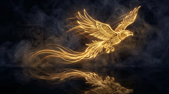 Glowing golden Aztec eagle soaring with light trails, Mesoamerican mythical bird reflection on dark background, Hispanic Heritage concept.