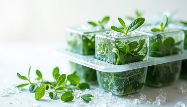 Herb ice cubes with fresh green herbs in clear plastic tray, melting surface with ice crystals and water droplets,