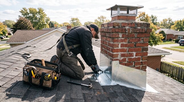 Professional roofer installing metal chimney flashing, contractor repairing residential roof, construction worker with tool bag on shingle roof