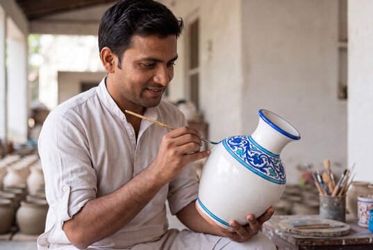 Artisan hand painting blue pottery vase with floral motifs in workshop