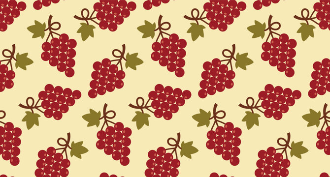 Seamless pattern featuring clusters of ripe red grapes with green leaves.