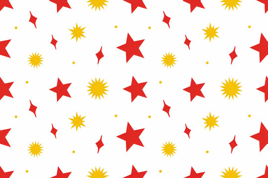 A bright festive seamless pattern showcasing various scattered red five-pointed stars alongside vibrant yellow spiky star shapes and delicate red diamond sparkle elements with small yellow dots