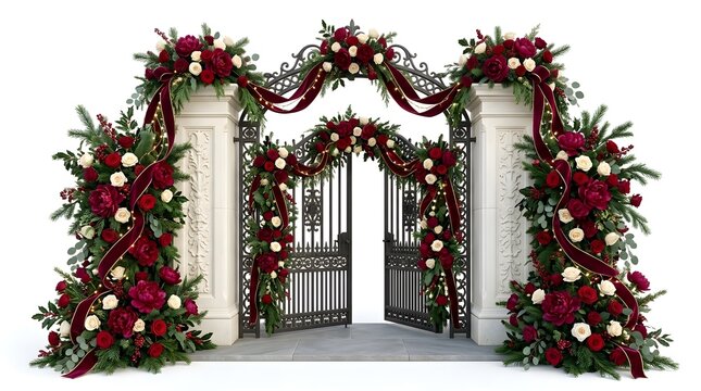 Grand wrought iron entrance gate decorated with festive red flowers and ornaments for the holiday season