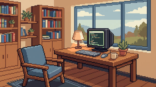 Pixel Art Cozy Home Office Interior with Retro Computer, Bookshelves and Large Window