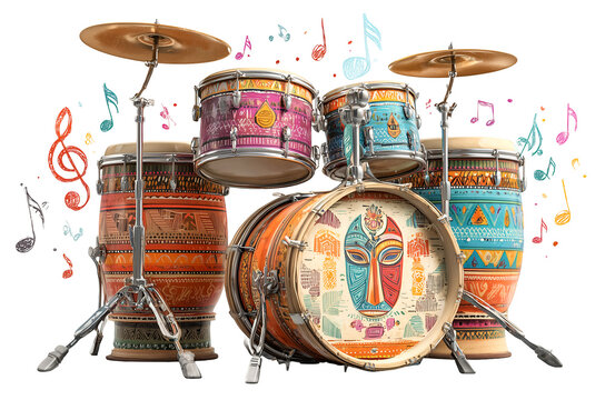 Colorful bongo drum set decorated with intricate patterns and tribal masks, surrounded by vibrant musical notes and symbols, creating lively atmosphere., isolated