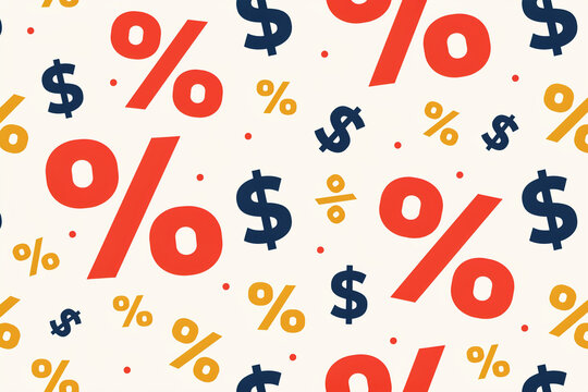 Vibrant and engaging seamless pattern showcasing large red percentage signs alongside prominent dark blue dollar symbols and an array of smaller yellow percent icons decorated with scattered red dots