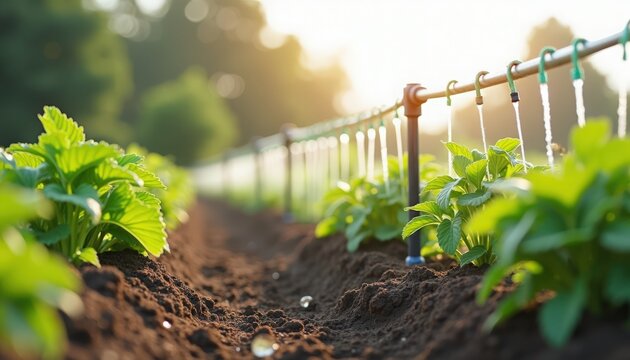 Garden irrigation with micro drip line watering young vegetable seedlings in sunlit soil rows, garden irrigation delivering steady droplets to roots and moist furrows,