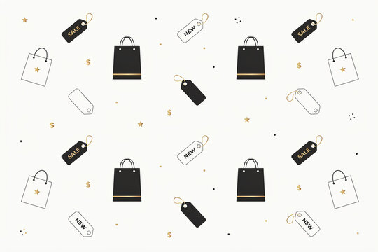 A seamless pattern featuring black and white shopping bags sale new and blank tags golden stars dollar signs and small dots creating an elegant retail design background
