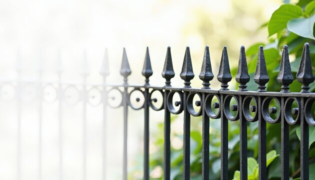 Wrought iron fence with decorative spear toppers and circular motifs along garden boundary, close-up showing black metal posts, shallow depth of field and leafy background,
