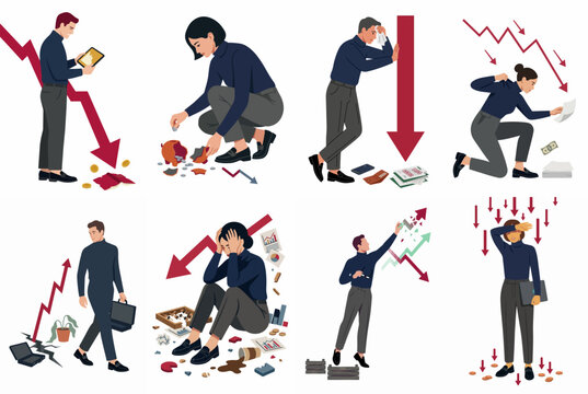 Set of Business People Reacting to Financial Crisis, Economic Recession, and Stock Market Crash; Flat Vector Illustration of Bankruptcy, Monetary Loss, and Debt Stress Isolated on White